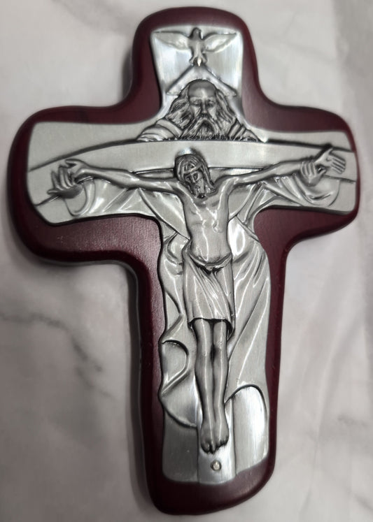 Holy Trinity 5-1/2" Cherry and Pewter Wall Cross