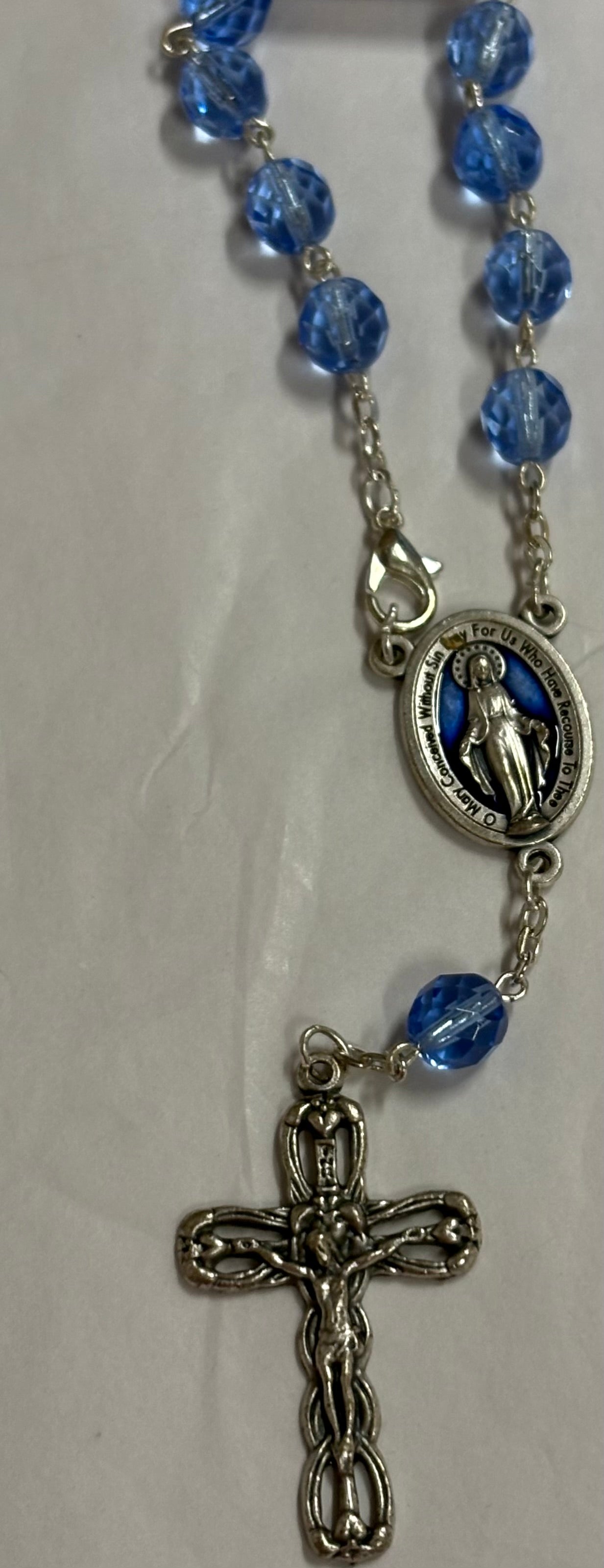 Blue Crystal Bead with Blue Mary Medal Auto Rosary