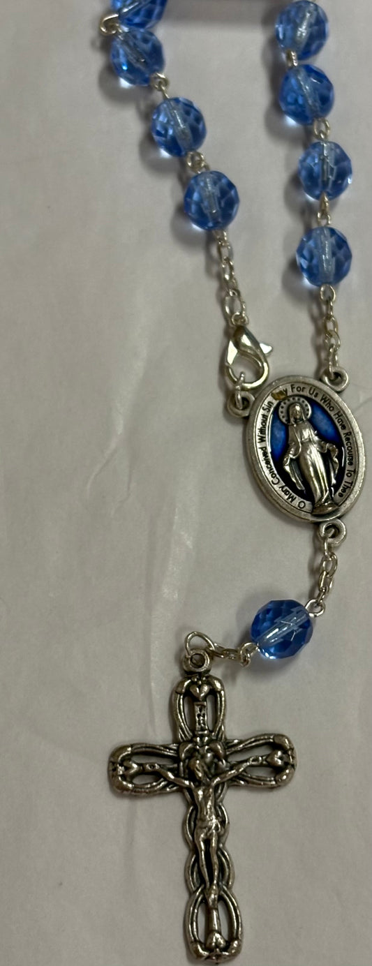 Blue Crystal Bead with Blue Mary Medal Auto Rosary