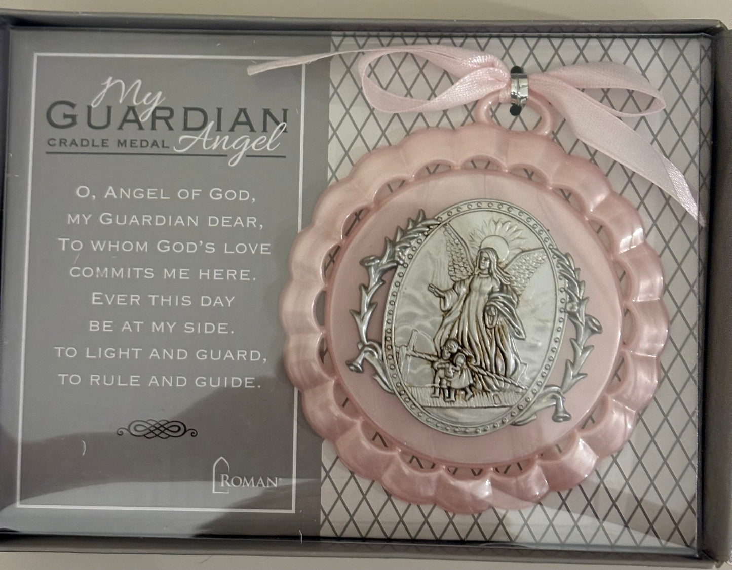 Pink Guardian Angel Crib Medal Baptism