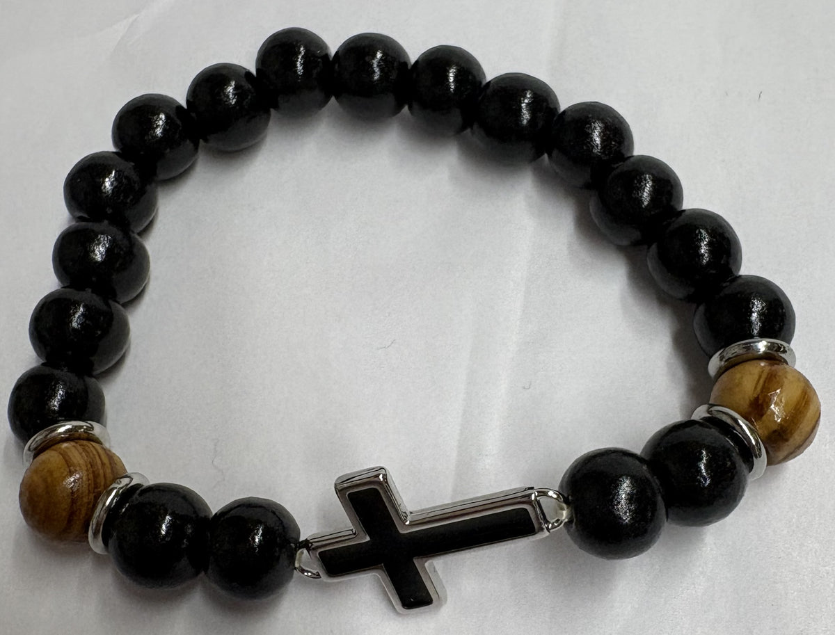 Wood 2-Tone and Metal Cross Stretch Bracelet Gift