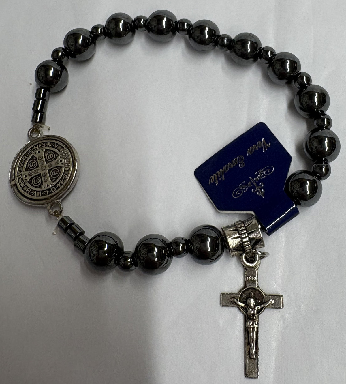 St. Benedict Hematite Stone, Medal and Metal Cross Stretch Bracelet 1 Gift