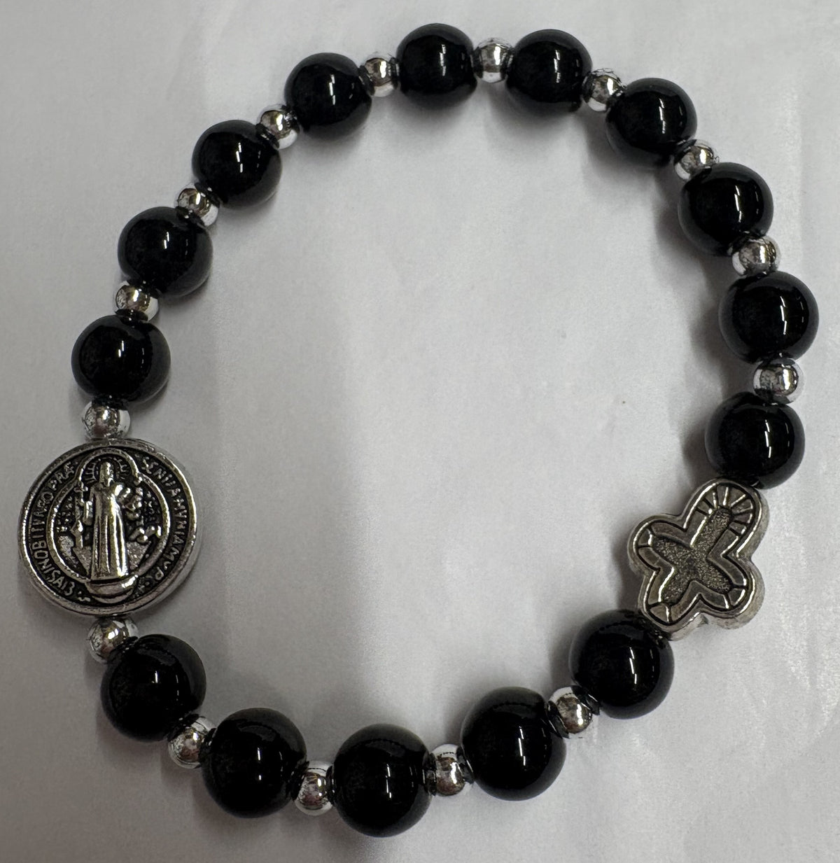 St. Benedict Hematite Stone, Medal and Metal Cross Stretch Bracelet 2 Gift