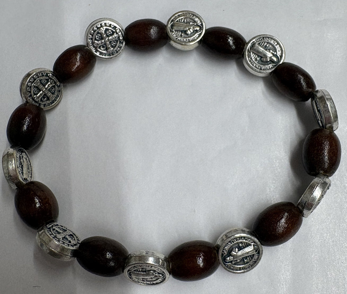 St. Benedict Wood Bead and Medals Stretch Bracelet Gift