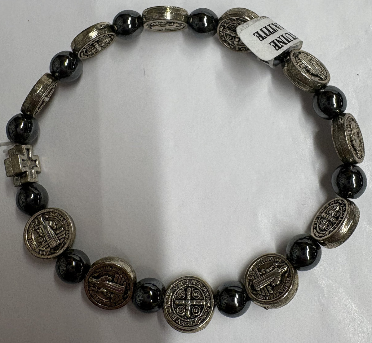 St. Benedict Hematite Stone Beads, Medals and Metal Cross Stretch Bracelet Gift