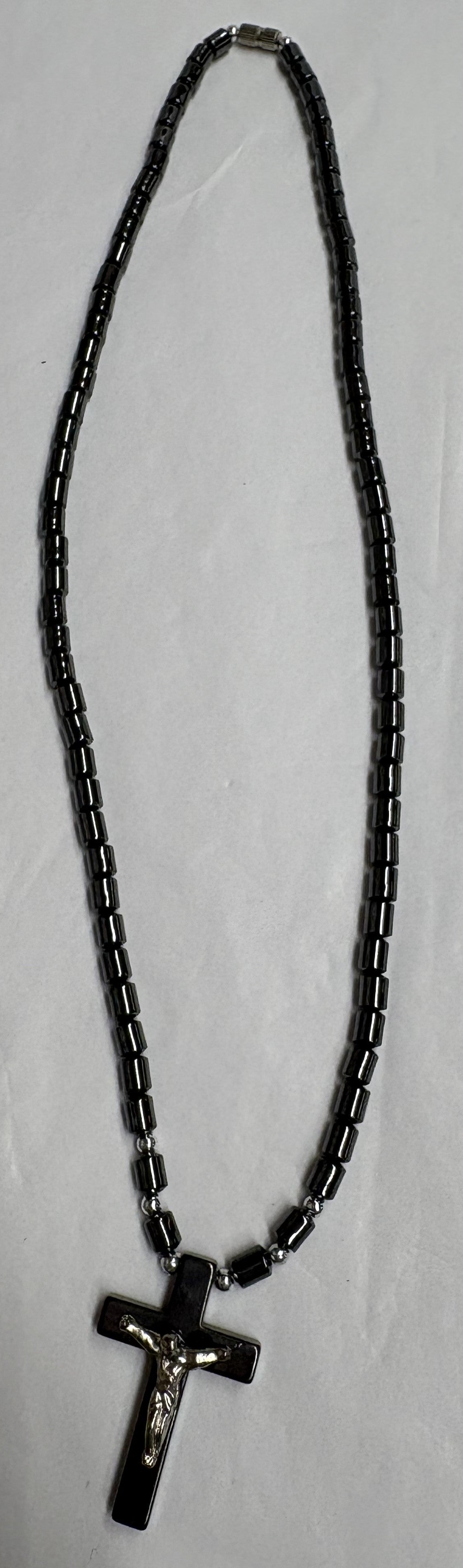 Hematite Stone Crucifix and Stone Cord Necklace Gift