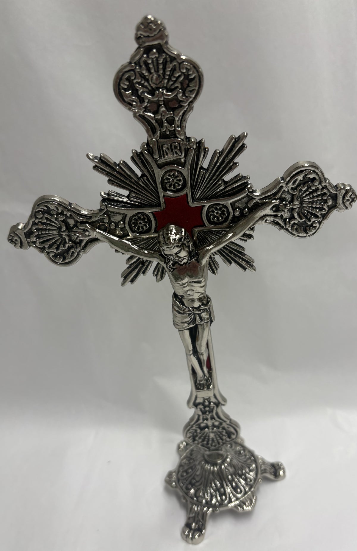 Standing 9" Metal Crucifix with Red Inlay