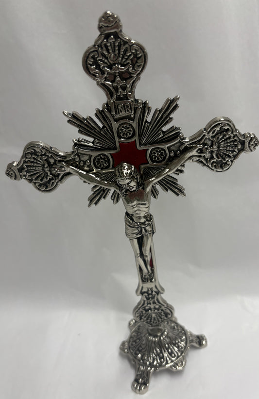 Standing 9" Metal Crucifix with Red Inlay