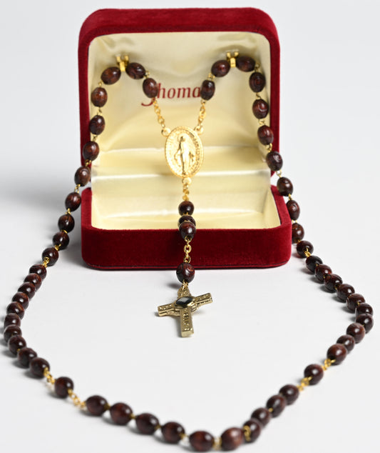 Wood Bead and Gold Tone Rosary with Relic